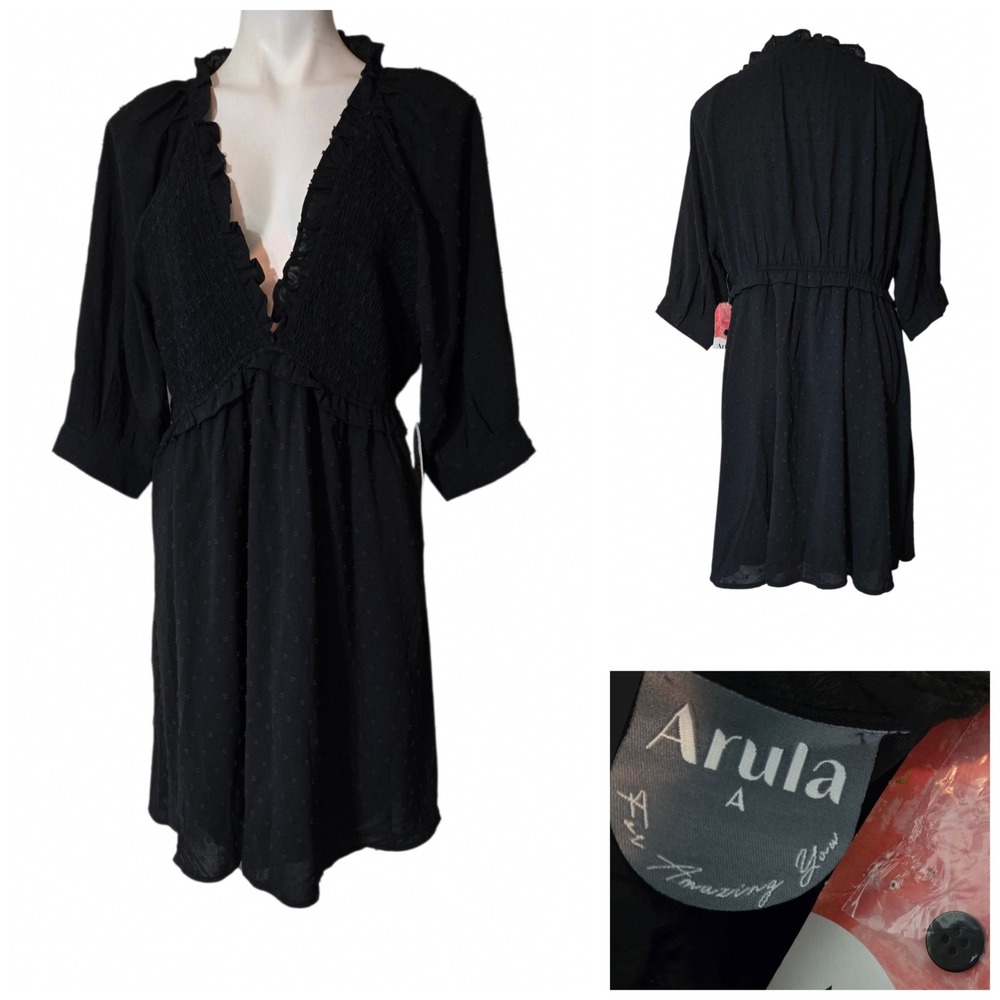 Arula Black Swiss Dot Smocked V-Neck Mini Dress DDSW3590-AIMK 1X NWT